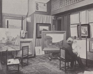 Fransız ressam Jean Charles Cazin stüdyosunda (s/b fotoğraf) by (after) French Photographer