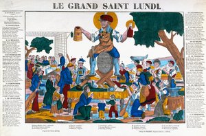 Le Grand Saint Lundi, Kutsal Pazartesi, Pazartesi günlerini işleri yerine alkole adayan işçi ve tüccarlar hakkında karikatür, 19. yüzyıl ortası (renkli taş)