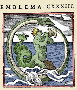 Bir triton ve bir ouroboros, Andrea Alciati (renkli taş) tarafından "Amblemler" (kitapçığın Amblemleri) illüstrasyonu