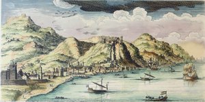 Malaga şehrinin görünümü, İspanya (renkli gravür) by (after) Spanish School