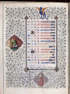 El yazması sayfası “” Les Tres Riches Hours du Duke Francois de Guise””” Zodyak işaretleri ve tarımsal çalışmanın temsili, hasat. Boucicaut Ustasının Minyatür by (and workshop) Boucicaut Master
