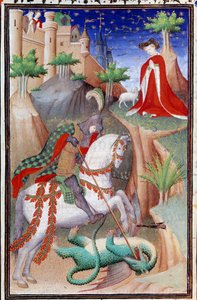 Boucicaut Ustası tarafından aydınlatılan “Les Tres Riches Hours du Duke Francois de Guise” adlı el yazmasının sayfası: Aziz George ve Ejderhanın temsili. 15. yüzyıl. Musee Conde, Chantilly