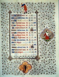 Boucicaut Ustası tarafından aydınlatılan “Les Tres Riches Hours du Duke Francois de Guise” adlı el yazmasının sayfası: zodyak işaretleri ve günlük yaşam sahnelerinin temsili: akrep ve dikim. 15. yüzyıl. Musee Conde, Chantilly by (and workshop) Boucicaut Master