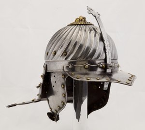 Zischägge, c.1620-25 (çelik, demir, pirinç ve deri) by (attr.to) German School