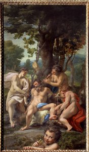 Ahlaksızlık Alegorisi Kadın müzisyenlerle çevrili bir satir. Antonio Allegri dit Le Correge (Il Correggio) (1489/1494-1534) tarafından tablo 16. yüzyıl Güneşi. 1,48x0,88 m
