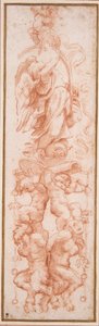 Bir kasanın kaburgası için grotesk dekorasyon (beyaz kağıt üzerine kırmızı tebeşir) by (c.1489 1534) Correggio