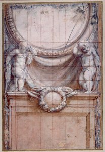 Boş bir madalyonu destekleyen iki putti (kağıt üzerinde beyaz ile yükseltilmiş kırmızı tebeşir) by (c.1489 1534) Correggio