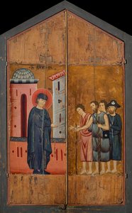 Blessed Andrea Gallerani'nin Diptych'i: Pelgrimler ve dilenciler alan kutsanmış ev sahibi Gallerani, dış paneller, c.1270 (ahşap üzerine resim) by (workshop of) Guido da Siena