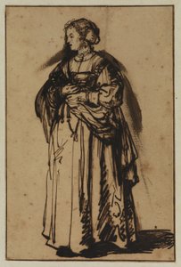Sanatçının eşi Saskia ayakta ve elinde çiçekler tutuyor by (workshop of) Rembrandt Harmensz. van Rijn