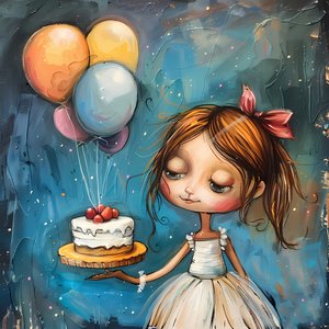 Doğum günü pastası ve balon tutan bir kız, çerçeveli kanvas tablo by F. Abderrahim