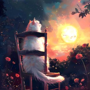 Beyaz bir kedi eski bir ahşap sandalyede oturuyor ve aya bakıyor, duvar sanatı baskıları by F. Abderrahim