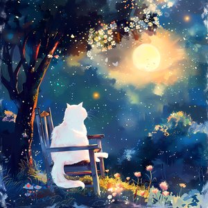 Beyaz bir kedi gece ay ışığında eski bir ahşap sandalyede oturuyor, duvar yatak odası dekoru by F. Abderrahim
