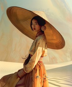 Çölde sarı kimono giyen Çinli kadın | Asya figürleri duvar sanatı baskıları by F. Abderrahim