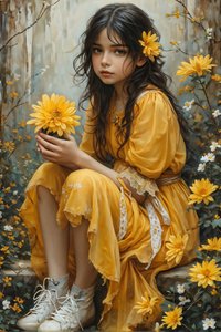 masum Manzarada çiçek tutan güzel kız doğa  güzellik sanat baskıları by F. Abderrahim