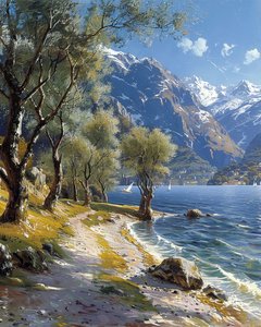 Sessiz bir göl ile dağ ve orman manzarası, online sanat baskıları by F. Abderrahim