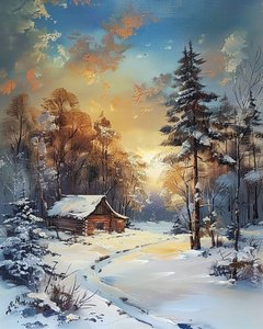 Ormanın ve karın ortasında kulübe, kış manzarası duvar dekoru by F. Abderrahim
