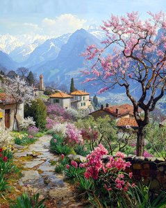 Dağlık bir arazide çiçekli bitkilerle çevrili güzel bir köy by F. Abderrahim
