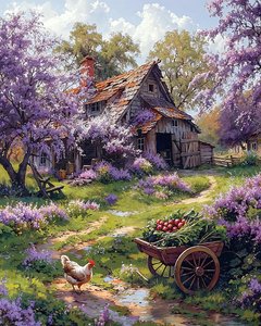 Pembe çiçeklerle çevrili geleneksel çiftlik evi, duvar dekor fikirleri by F. Abderrahim
