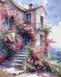 Kırmızı ve pembe çiçekli tırmanıcı bitkilerle çevrili ev by F. Abderrahim