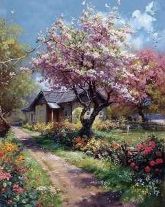ilkbaharda bir kır evi bahçesi, güller ve çiçekler, Satılık Duvar Dekoru by F. Abderrahim