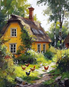 Çiçekli meyve bahçeleri ile kırsalda ahşap ev, online sanat baskıları by F. Abderrahim