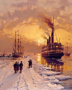 Donmuş buzulların yakınında vapur, yatak odası için duvar dekoru by F. Abderrahim