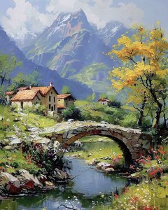 Dağın eteğinde bir köy; Ve altında bir dere olan kübik bir kemer by F. Abderrahim