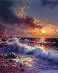 Deniz kenarında gün batımında dalgaların narin çizimi, Doğa duvar dekoru by F. Abderrahim