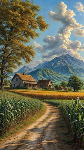 Mısır tarlası ve dağların arasından geçen toprak yol, online kanvas baskı by F. Abderrahim