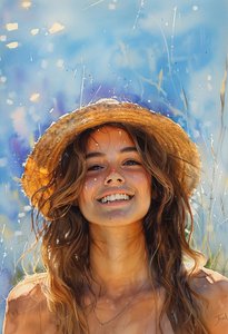 Deniz kıyısında akan kahverengi saçlarıyla şapka takan güzel kadın by F. Abderrahim