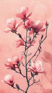 Minimalist pembe ve gri çiçekler, Yatak odası için botanik duvar dekoru by F. Abderrahim