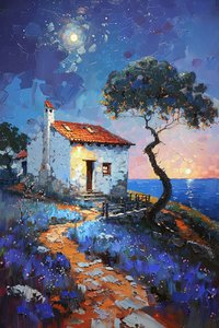 Ay ışığı altında deniz manzaralı kır evi, Portekiz manzaraları by F. Abderrahim