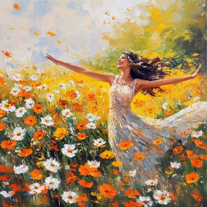 Çiçekli bir çayırda gülümseyen ve dans eden kadın by F. Abderrahim