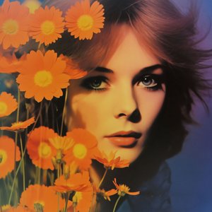 Vintage Kadın Portresi ve Çiçekler, Retro Çiçek Vizyonu, online sanat baskıları by F. Abderrahim