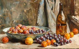 Bir natürmort, meyve ve şarap şişesi, fırça işi tablo, Satılık Duvar Dekoru by F. Abderrahim