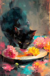Bir Tabak Çiçek Üzerinde Yemek Yiyen Kara Kedi, Empresyonist tablo, online sanat baskıları by F. Abderrahim