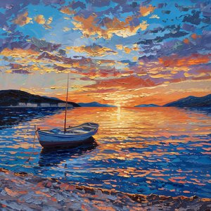 Gün batımında nehirde tekne Güzel, Dalmaçya, Hırvatistan Tuval üzerine yağlıboya, Duvar Dekoru satılık by F. Abderrahim