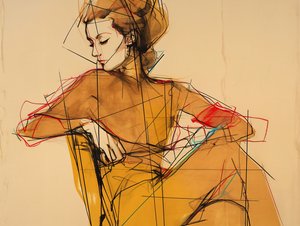 Oturan bir kadının moda illüstrasyonu ve çizimi, Zarif kahverengi elbiseli portre, sanat baskıları by F. Abderrahim