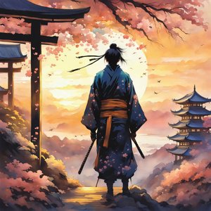 Japon Samuray, Dağdaki Tapınakta, Pembe renkler, Özel Kanvas Baskılar by F. Abderrahim