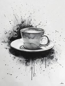 Kahve Lekesi Vurgulu Minimalist Tek Çizgili Noir Sahne, online sanat baskıları by F. Abderrahim