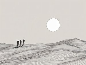 Minimalist Eskiz, Çöl Güneşi Alayında Yürüyen Adamlar, online sanat baskıları by F. Abderrahim