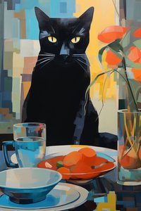 Bir Tabak Çiçek Üzerinde Yemek Yiyen Kara Kedi Tablosu, talep üzerine duvar sanatı baskıları by F. Abderrahim