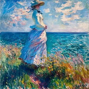 Doğada, sahilde duran elbiseli genç kadın, Monet Stili by F. Abderrahim