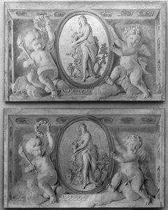 Amorini tarafından desteklenen oval bir madalyon içinde Diana veya bir Peri ile kapı üstü çifti, 1770-90. by 18th century . French Painter