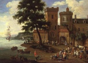Avlarını boşaltan balıkçılar ve bir malikaneden ayrılan beyler by A.F. and Bouts P. Boudewyns