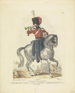 Tam Üniforma Trompetçi Tam üniformalı trompetçi, 1820-1825 Hollandalı Süvari. Ligte Ejderhalarının Trompetçisi. tam üniformalı (nesne üzerindeki başlık) Hollanda Krallığı