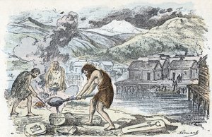 Tarihöncesi, bronz çağı: kazık evler yerleşimine yakın döküm atölyesi Rengade'nin "" La nature et l'homme" adlı eserinden gravür 1881 Özel koleksiyon