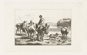 Bir katır üzerinde bir çoban ve inekler ile bir çoban ile manzara by A. Dickhof (signed by artist)
