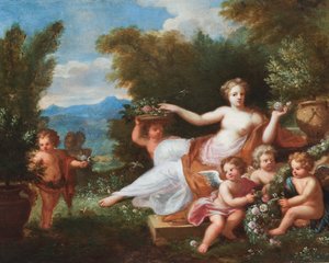 Çiçek getiren putti ile bir manzara içinde uzanmış flora. (tuval üzerine yağlıboya) by A. Diennen