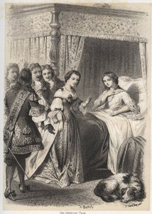 Madam Deshoulieres, Antoinette Ligier de La garde (1637-1694), hayalet korkusuyla geçen bir gecenin ardından maiyeti tarafından soru yağmuruna tutuldu. A. Duruy tarafından “” İllüstrasyonlar litteraires de la France; veya, Galerie anecdotique de nos pr